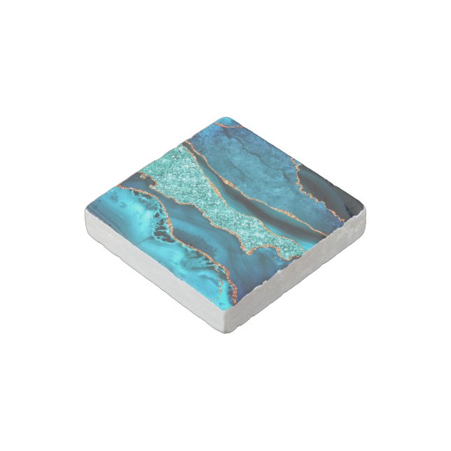 Agate Teal Blue Gold Marble Turquoise Stone Magnet (Angled)