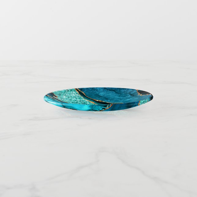 Agate Teal Blue Gold Marble Turquoise Trinket Tray (Angled)