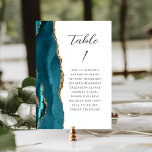 Agate Teal Blue Gold Modern Script Wedding Table Number<br><div class="desc">The left-hand edge of this elegant modern wedding table number card features a teal blue watercolor agate border trimmed with faux gold glitter. The word "table" appears in charcoal gray handwriting script on a white background. Add the names of your guests who are assigned to each table.</div>