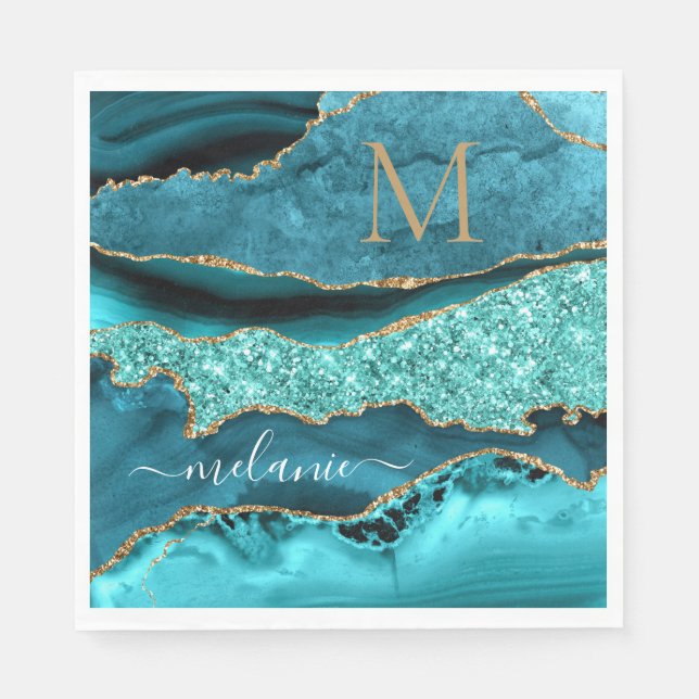 Agate Teal Blue Gold Name Letter Aqua Turquoise Napkins (Front)