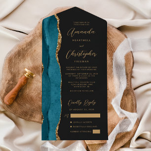 Agate Teal Blue Gold Script Dark All In One Invitation