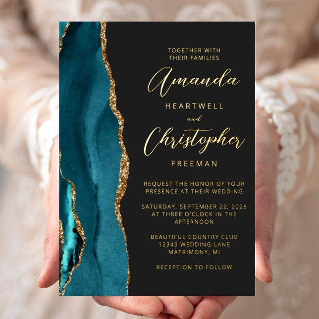 Agate Teal Blue Gold Script Dark Wedding Foil Invitation (Creator Uploaded)