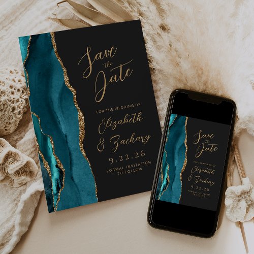 Agate Teal Blue Gold Script Dark Wedding Save The Date