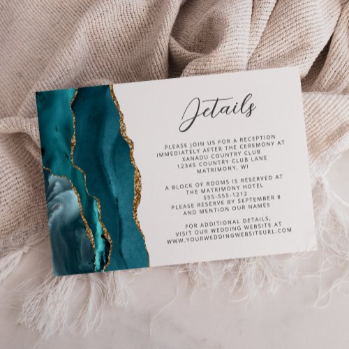 Agate Teal Blue Gold Script Wedding Details Enclosure Card