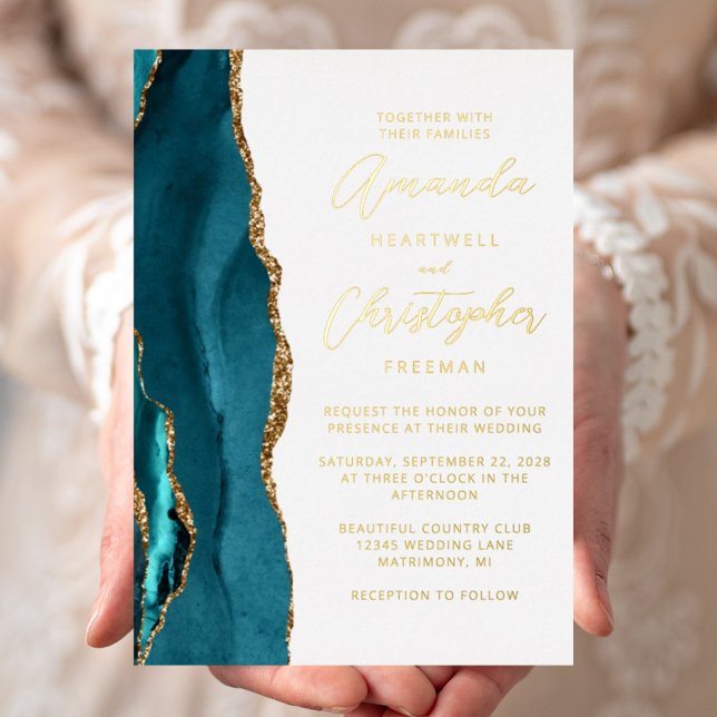 Agate Teal Blue Gold Script Wedding Foil Invitation (Creator Uploaded)