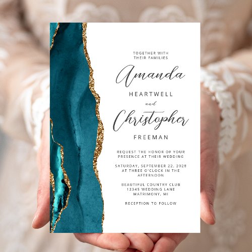 Agate Teal Blue Gold Script Wedding Invitation