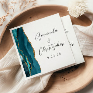 Agate Teal Blue Gold Script Wedding Napkins