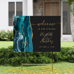 Agate Teal Blue Gold Script Wedding Welcome Sign
