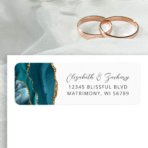 Agate Teal Blue Gold Wedding Return Address Label