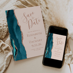 Agate Teal Blue Rose Gold Blush Save the Date Card