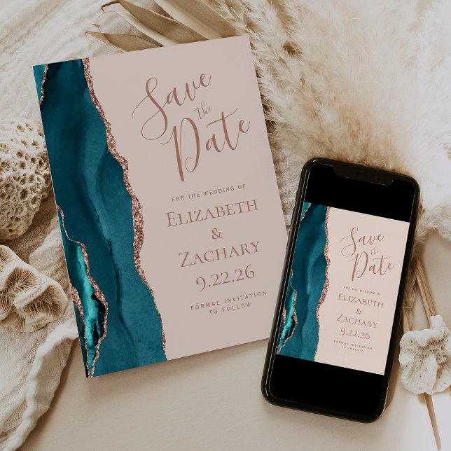 Agate Teal Blue Rose Gold Blush Save the Date Card (Creator Uploaded)