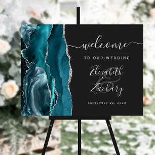 Agate Teal Blue Silver Dark Wedding Welcome Sign