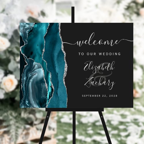 Agate Teal Blue Silver Dark Wedding Welcome Sign
