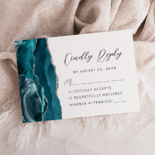 Agate Teal Blue Silver Modern Script Wedding RSVP Card