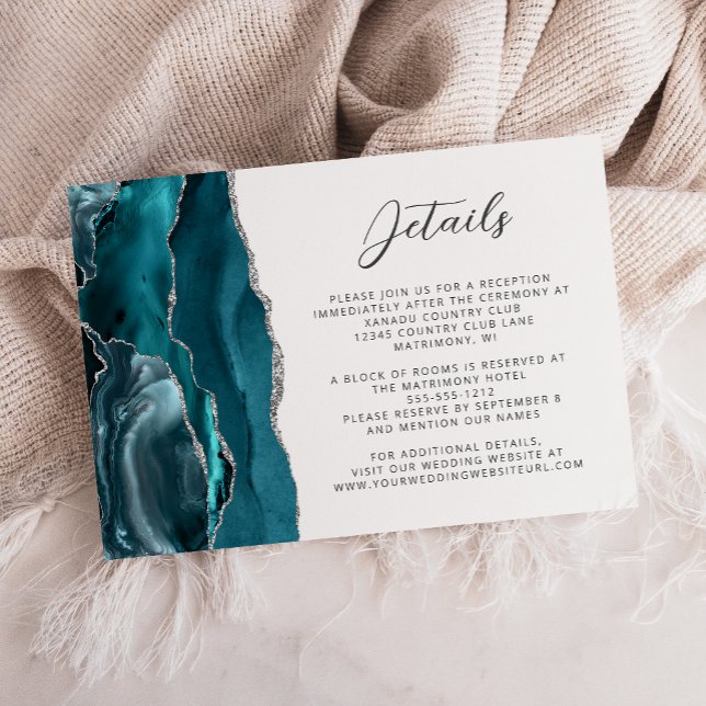 Agate Teal Blue Silver Script Wedding Details Enclosure Card (Creator Uploaded)