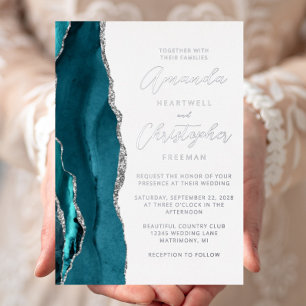 Agate Teal Blue Silver Script Wedding Foil Invitation