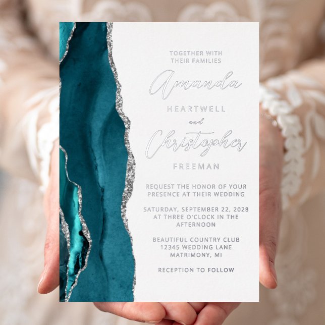 Agate Teal Blue Silver Script Wedding Foil Invitation (Creator Uploaded)