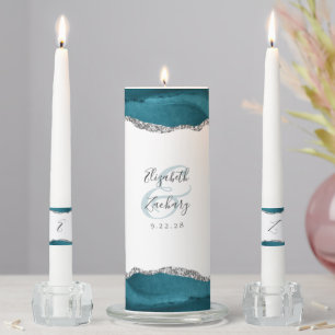 Agate Teal Blue Silver Script Wedding Unity Candle Set