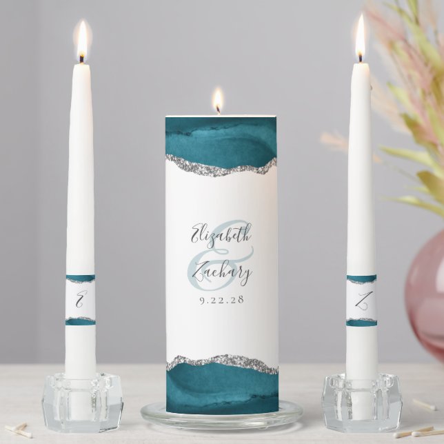 Agate Teal Blue Silver Script Wedding Unity Candle Set (In Situ)