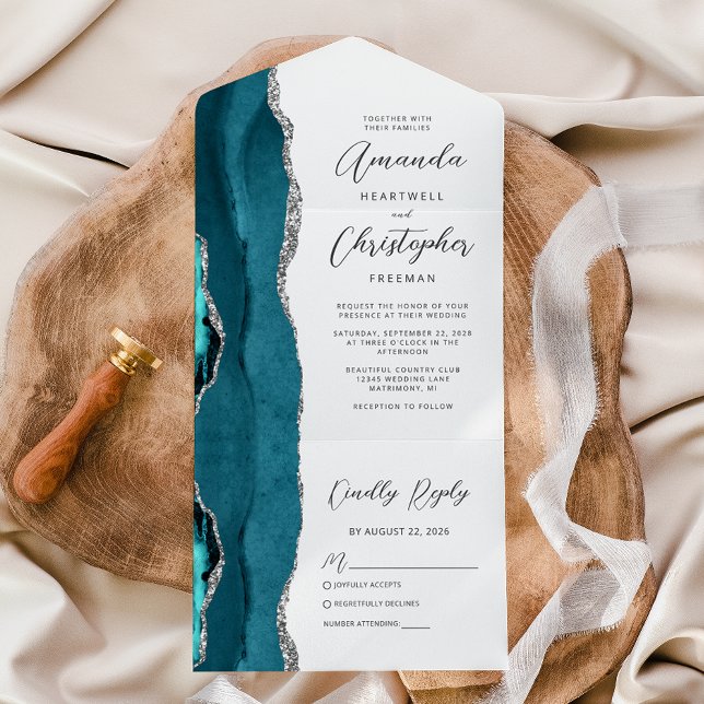 Agate Teal Blue Silver Wedding All In One Invitation (Creator Uploaded)