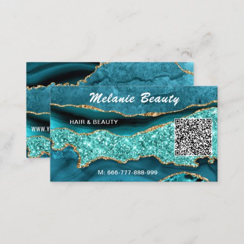 Agate Teal Blue Turquoise QR Code Business Card
