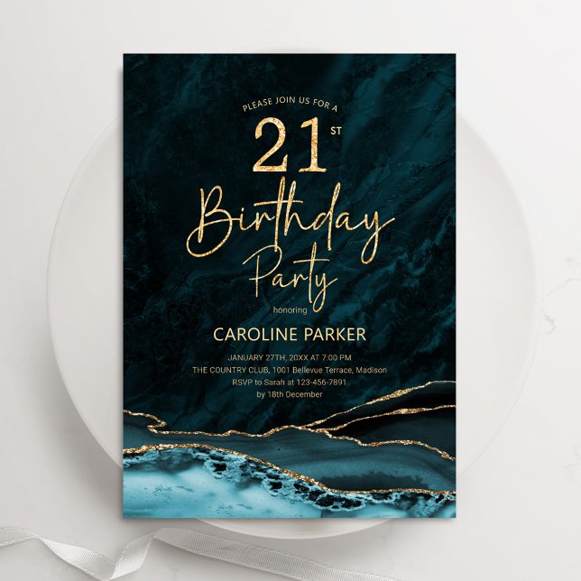 Agate Teal Gold 21st Birthday Invitation (Creator Uploaded)