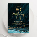 Agate Teal Gold 80th Birthday Invitation<br><div class="desc">Teal and gold agate 80th birthday party invitation. Elegant modern design featuring turquoise watercolor agate marble geode background,  faux glitter gold and typography script font. Trendy invite card perfect for a stylish women's bday celebration. Printed Zazzle invitations or instant download digital printable template.</div>