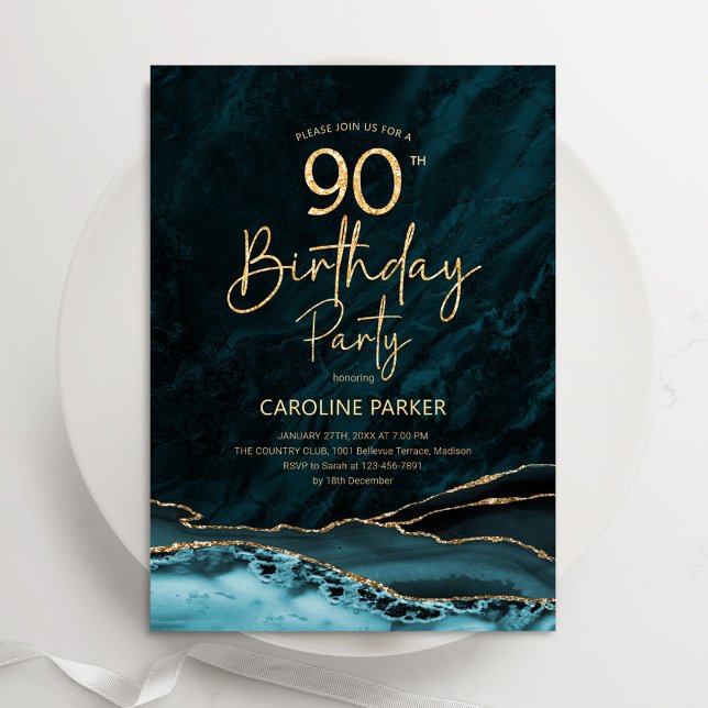 Agate Teal Gold 90th Birthday Invitation (Creator Uploaded)