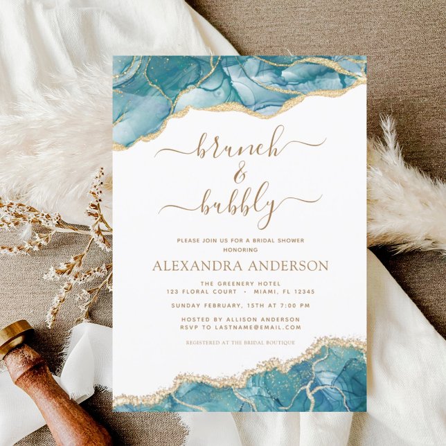 Agate Teal Gold Brunch & Bubbly Bridal Shower Invi Invitation (Creator Uploaded)