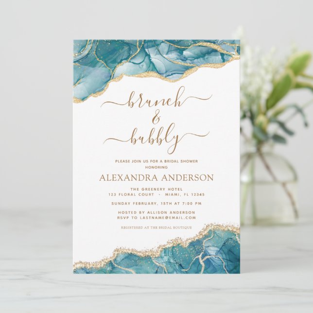 Agate Teal Gold Brunch & Bubbly Bridal Shower Invitation (Standing Front)
