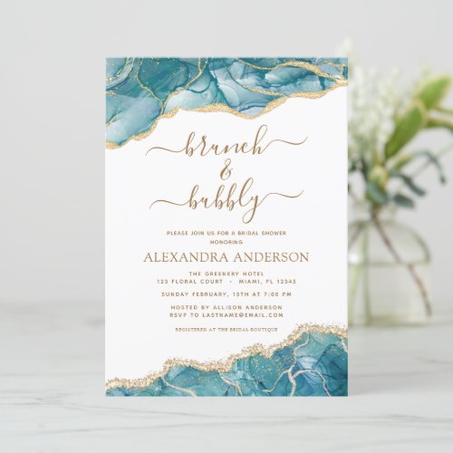 Agate Teal Gold Brunch  Bubbly Bridal Shower Invitation