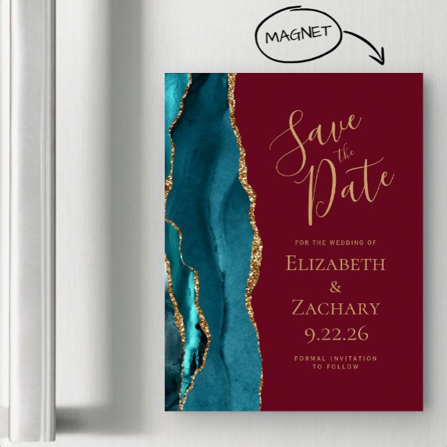Agate Teal Gold Burgundy Magnetic Save the Date (Creator Uploaded)