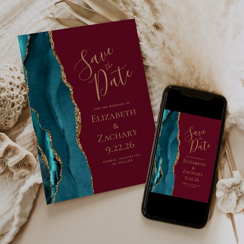 Agate Teal Gold Burgundy Save the Date Announcement