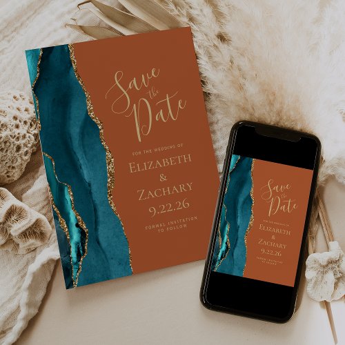 Agate Teal Gold Burnt Orang Save the Date Announcement