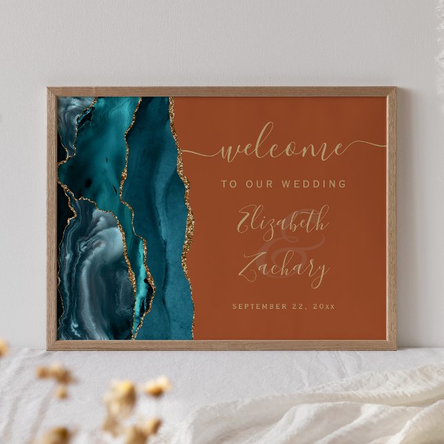 Agate Teal Gold Burnt Orange Wedding Welcome Poster (Creator Uploaded)