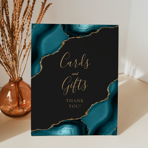 Agate Teal Gold Dark Wedding Cards and Gifts Pedestal Sign