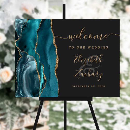 Agate Teal Gold Dark Wedding Welcome Sign