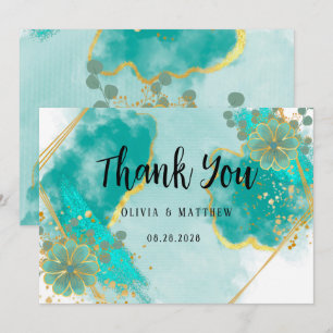 Agate Teal & Gold Floral Wedding Thank You Cards