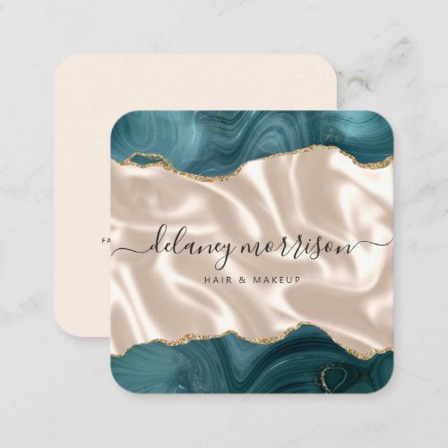 Agate Teal Gold Glitter Ivory Silk Rounded Corners Square Business Card