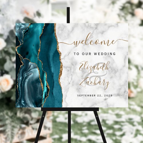 Agate Teal Gold Marble Wedding Welcome Foam Board