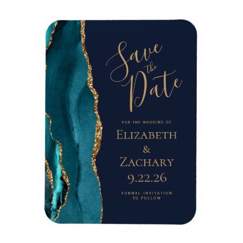 Agate Teal Gold Navy Blue Wedding Save the Date Magnet