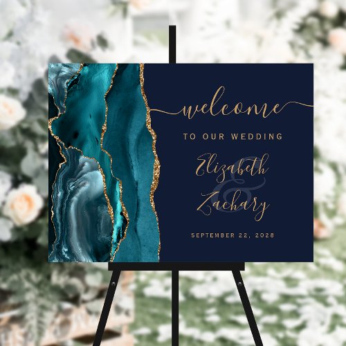 Agate Teal Gold Navy Blue Wedding Welcome Foam Board