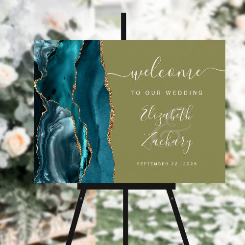 Agate Teal Gold Olive Green Wedding Welcome Foam Board