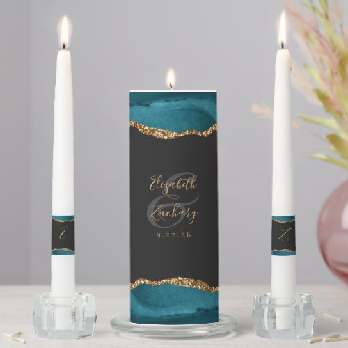 Agate Teal Gold Script Dark Wedding Unity Candle Set