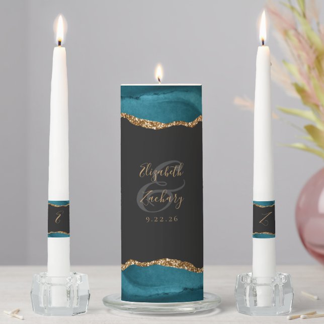 Agate Teal Gold Script Dark Wedding Unity Candle Set (In Situ)