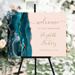 Agate Teal Rose Gold Blush Wedding Welcome Sign