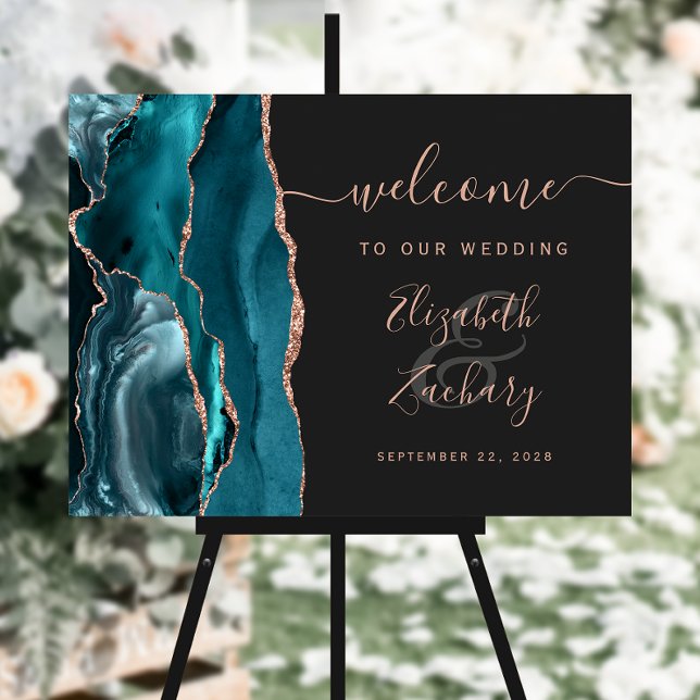 Agate Teal Rose Gold Dark Wedding Welcome Sign (Creator Uploaded)