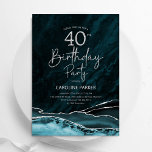 Agate Teal Silver 40th Birthday Invitation<br><div class="desc">Teal and silver agate 40th birthday party invitation. Elegant modern design featuring turquoise watercolor agate marble geode background,  faux glitter silver and typography script font. Trendy invite card perfect for a stylish women's bday celebration. Printed Zazzle invitations or instant download digital printable template.</div>