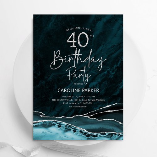 Agate Teal Silver 40th Birthday Invitation