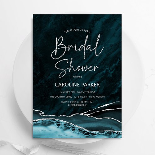 Agate Teal Silver Bridal Shower Invitation